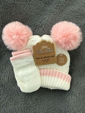 Baby Hat & Mittens Set - White with Pink Pom Poms